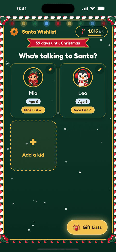 The Who is talking to Santa screen with a chat for Mia and one for Leo, an Add a kid button and a days until Christmas ribbon