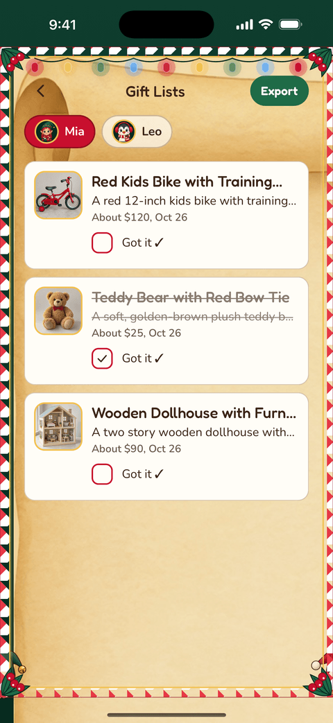 The gift list on parchment with a red bike, a teddy bear marked Got it, and a dollhouse, each with a photo and a price