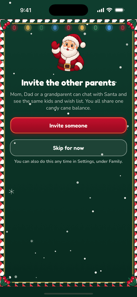 The Invite the other parents screen with Santa waving, an Invite someone button and a Skip for now button