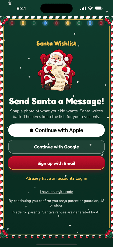 The welcome screen with Santa in his chair reading a long list and buttons to continue with Apple, Google or email