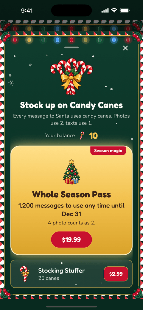 The Candy Cane Shop with the Whole Season Pass in gold, 1,200 messages to use any time until Dec 31, and a Stocking Stuffer pack below