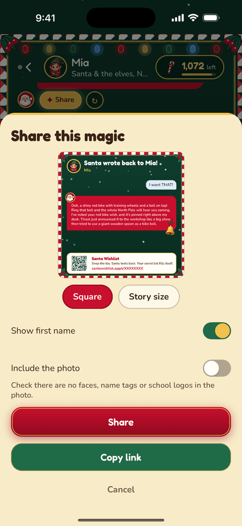 The Share this magic sheet with a preview card of Santa's reply, Square and Story size buttons, and a Share button